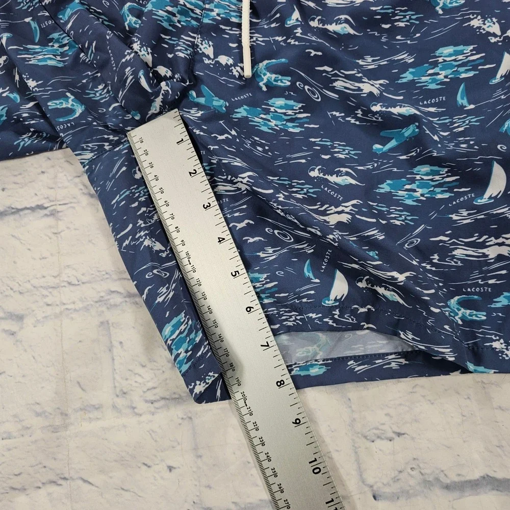 Lacoste Swim Trunks Mens M Blue Nautical Sailboat Print Drawstring Mesh Lining